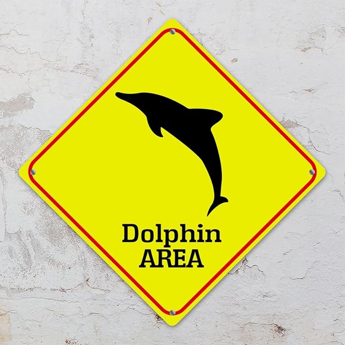 Warning Dolphin Area Aluminum Metal Sign Ocean Animal Caution Crossing Xing Street Sign Yellow Diamond Shape Funny Metal Sign For Indoor Outdoor Highway15x15in