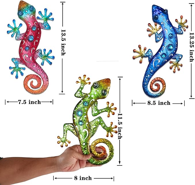 Metal Lizards Outdoor Decor Metal Gecko Wall Decoration Geico Lizard 13.5 * 8.5 Inch 3 Pack Set Suitable for Hanging in Yard Or Fence