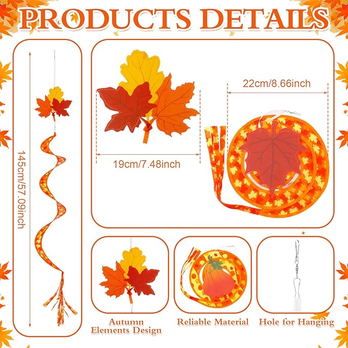 Beeveer 4 Pcs 57'' Fall Wind Socks Thanksgiving Wind Spinners for Outdoor Hanging Nylon Fabric Maple Pumpkin Windsock Leaf Streamers for Fall Autumn Decorations Windmill to Scare Birds Away