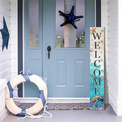 Sea Turtle Welcome Sign for Front Door, Beach Outdoor Porch Sign Home Decorations Standing Yard Sign Seasonal Wood Door Sign for Garden Tall Summer Welcome Vertical Signs for Patio Wall