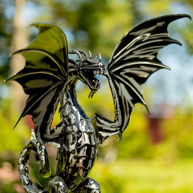Zaer Ltd. Metal Dragon Rocking Garden Stake, Kinetic Wind Decor, Metallic Black Finish, Moving Wings (Tail Up Sunfyre)