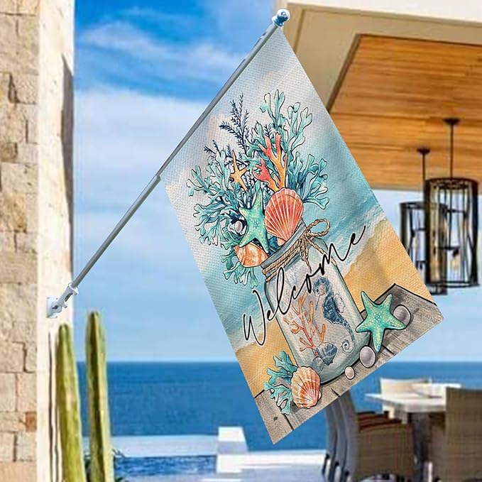 Welcome Summer Mason Jar Decorative House Flag, Beach Coastal Coral Starfish Shell Sea Horse Garden Yard Outside Decorations, Nautical Seasonal Outdoor Large Home Decor Double Sided 28 x 40