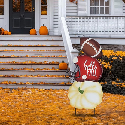 hogardeck Fall Decorations for Home Outdoor, 32" Decorative Garden Stakes with 3 Stacked Pumpkin Football Helmet for Fall Decor, Metal Yard Signs for Garden Home Lawn Patio Thanksgiving Decorations
