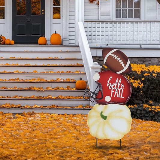 hogardeck Fall Decorations for Home Outdoor, 32" Decorative Garden Stakes with 3 Stacked Pumpkin Football Helmet for Fall Decor, Metal Yard Signs for Garden Home Lawn Patio Thanksgiving Decorations