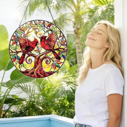 Cardinal Bird Stained Glass Window Hanging – Round Tree Branch Suncatcher with Chain, Colorful Glass Ornament for Living Room Home Garden Decor Gift, 8 Inch