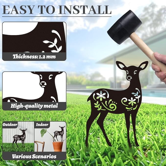 WADORN Deer Metal Outdoor Statues Silhouette, Reindeer Metal Decorative Garden Stakes Funny Animal Flower Silhouette Outdoor Stakes Decor for Garden Hugger Backyard Patio Lawn Art Outdoor Decor