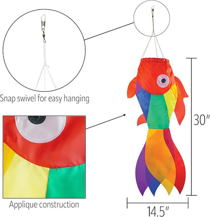 In the Breeze 5208 — 30-inch Rainbow Damsel Fish Windsock —Large and Colorful Fishsock with Applique Design