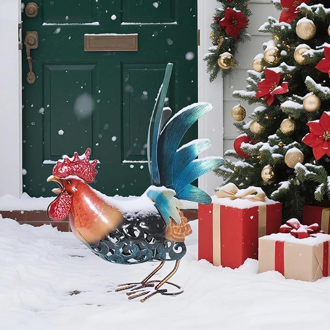 16.5" Whimsical Metal Rooster Garden Statue, Handmade Morning Crowing Rooster Sculpture with Green Tail Feathers, Rust-Resistant Iron Art for Yard, Farmhouse, Kitchen & Outdoor Decor