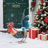 16.5" Whimsical Metal Rooster Garden Statue, Handmade Morning Crowing Rooster Sculpture with Green Tail Feathers, Rust-Resistant Iron Art for Yard, Farmhouse, Kitchen & Outdoor Decor
