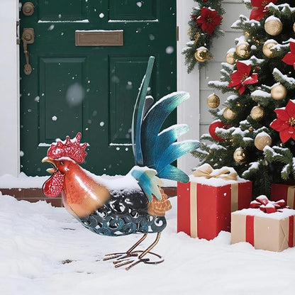 16.5" Whimsical Metal Rooster Garden Statue, Handmade Morning Crowing Rooster Sculpture with Green Tail Feathers, Rust-Resistant Iron Art for Yard, Farmhouse, Kitchen & Outdoor Decor