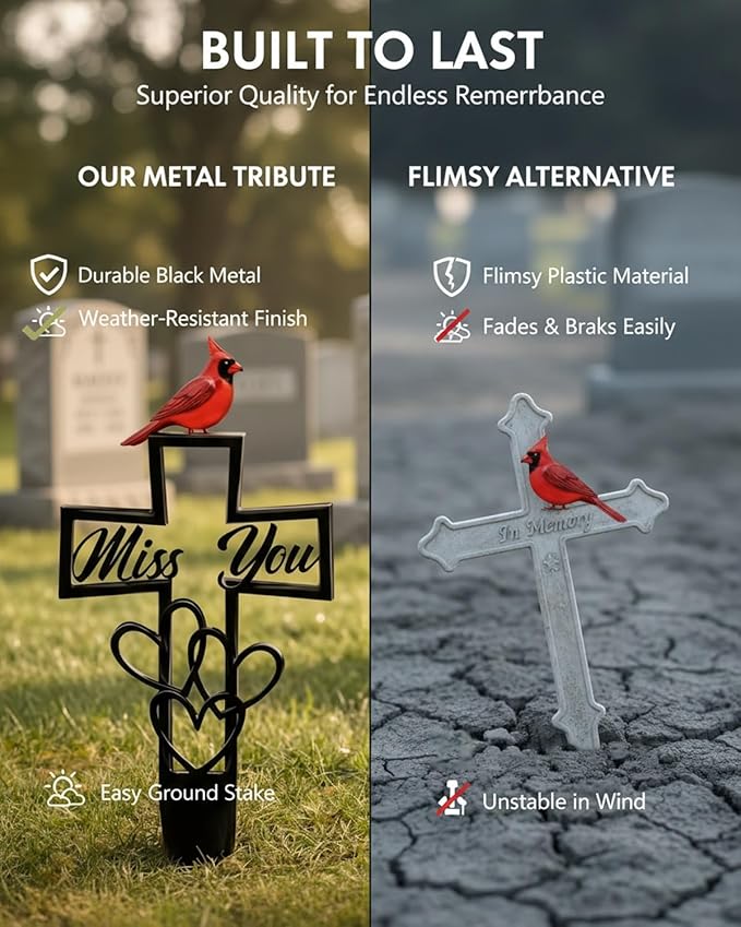 Metal Cemetery Memorial Plaque for Remembrance Cardinal Graveyard Decorations for Humans Red Bird Markers Cross Sign Garden Outdoor Stake Miss You Headstones Easter Sympathy Gifts Tombstones(1pc)
