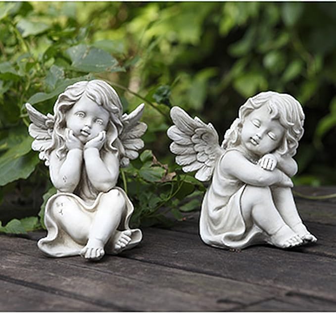 Napco Imports Whimsical Cherubs Concrete Look 5.75 x 7 Resin Stone Garden Figurines, Set of 2