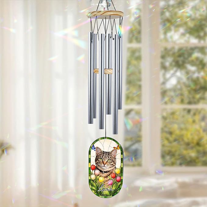 Personalized Pet Memorial Wind Chimes for Dogs Cats, Custom Photo Crystal Memory Suncatcher Ornament, Cat Remembrance Keepsake, Pet Loss Sympathy Gift for Women Dog Lover, WindChimes Outdoor Décor