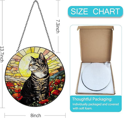 Stained Glass Window Hanging, 8 Inch Tabby Cat Suncatcher, Sun Catchers Indoor Window Ornaments, Suncatchers for Windows Hanging, Spring Home Garden Decor Panel Cat Lovers Gifts for Mom Grandma Wife