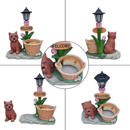 20" Solar Cairn Terrier Garden Statue with Welcome Sign & Planter - Large Dog Sculpture with LED Street Lantern - Weatherproof Resin Decorative Flower Pot for Porch, Yard & Patio - Pet Lover Gift