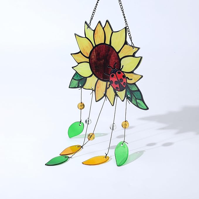 Stained Glass Suncatcher, Sunflower and Ladybug Window Hanging, 20 x 8 inches, Hand-Painted (Style 1)