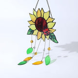 Stained Glass Suncatcher, Sunflower and Ladybug Window Hanging, 20 x 8 inches, Hand-Painted (Style 1)