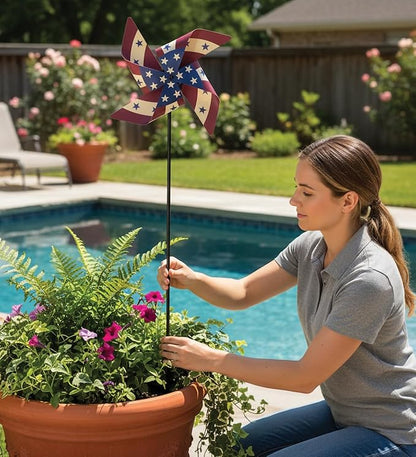Regal Art & Gift Americana Pinwheel Spinner Stake, Patriotic Metal Wind Sculpture, Weather-Resistant Decorative Kinetic Yard Art for Outdoor Garden and Lawn – Flag