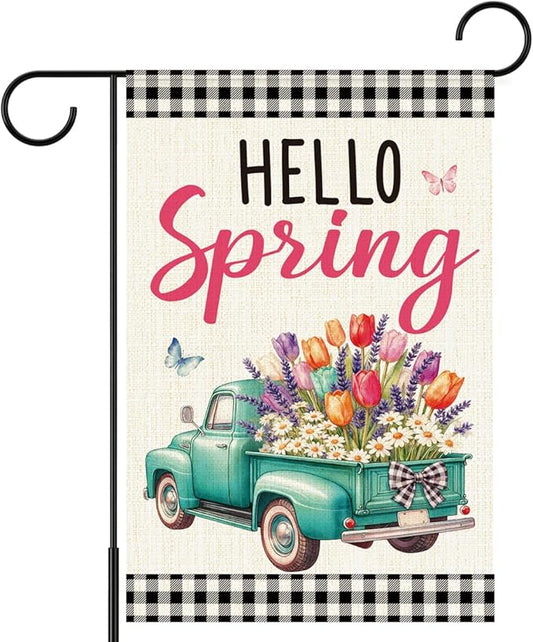 Hello Spring Garden Flag for Outside, Spring Flowers Truck Garden Flag Yard Flags for Lawn Porch Outdoor Decorations 12x18 Inch Double Sided