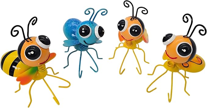 Metal Bee Sculptures Outdoor Yard Art Garden Patio Decor, Set of 4 Statues for Insect-Themed Garden Decoration