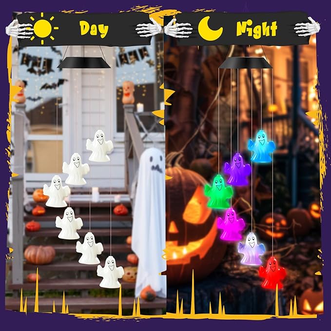GlikCeil Halloween Solar Wind Chimes 27.5Inch Halloween Decorations Outside Waterproof Hanging LED for Yard, Porch, Patio, Party, Color Changing Eyeballs Ghost Lights(Ghost)