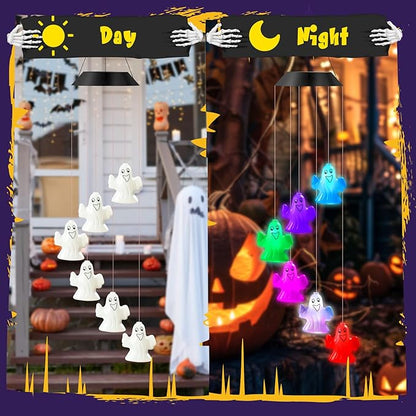 GlikCeil Halloween Solar Wind Chimes 27.5Inch Halloween Decorations Outside Waterproof Hanging LED for Yard, Porch, Patio, Party, Color Changing Eyeballs Ghost Lights(Ghost)