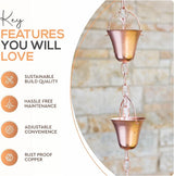 Copper Rain Chain – Decorative Chimes & Cups Replace Gutter Downspout & Divert Water Away from Home for Stunning Fountain Display – 6.5’ Long for Universal Fit – Bell Style