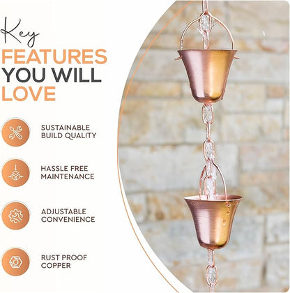 Copper Rain Chain – Decorative Chimes & Cups Replace Gutter Downspout & Divert Water Away from Home for Stunning Fountain Display – 3’ Long for Universal Fit – Bell Style