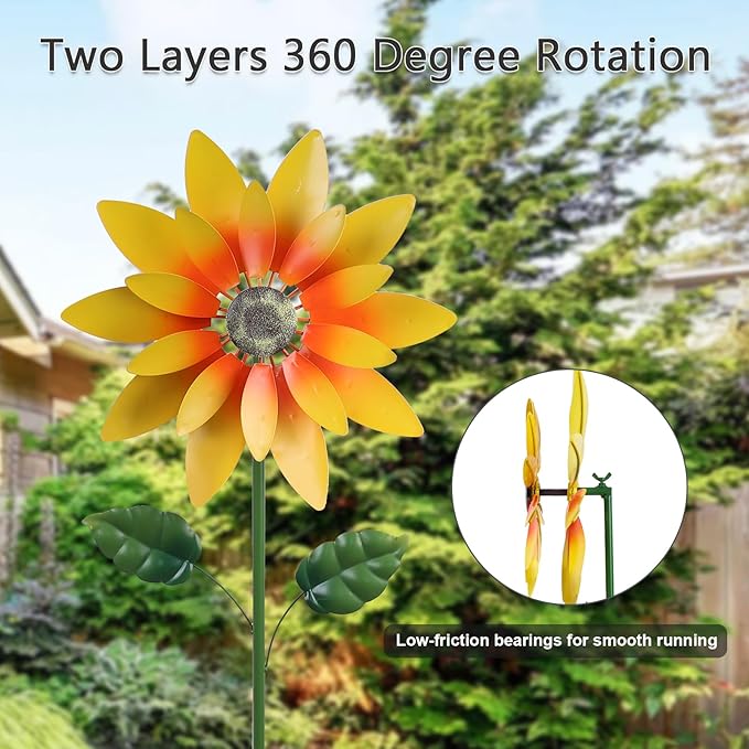 hogardeck Outdoor Wind Spinner, 61" Metal Sunflower Wind Spinner with Stake, 360° Rotating Windmill Yard Art, Kinetic Wind Sculptures for Home Lawn Backyard Patio Decor, Gifts for Garden Lovers
