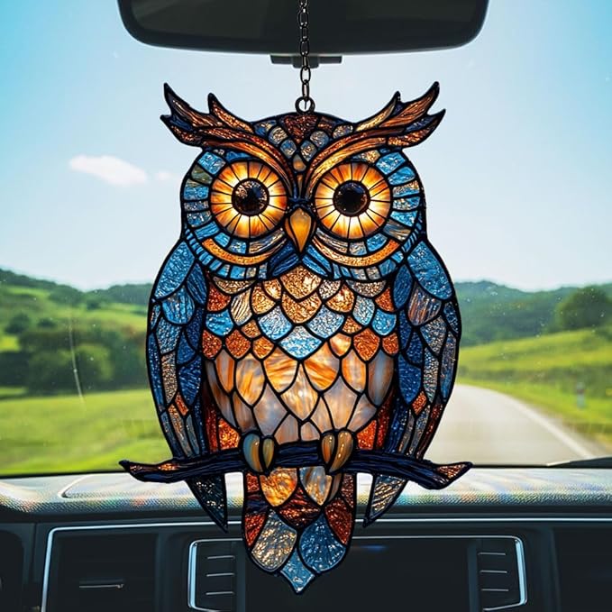 Night Owl Acrylic Suncatcher Stained Glass Effect Window Car Hanging Christmas Ornament Indoor Outdoor Decor Garden Sun Catcher Panel for Owl Lover for Women Mom Grandma