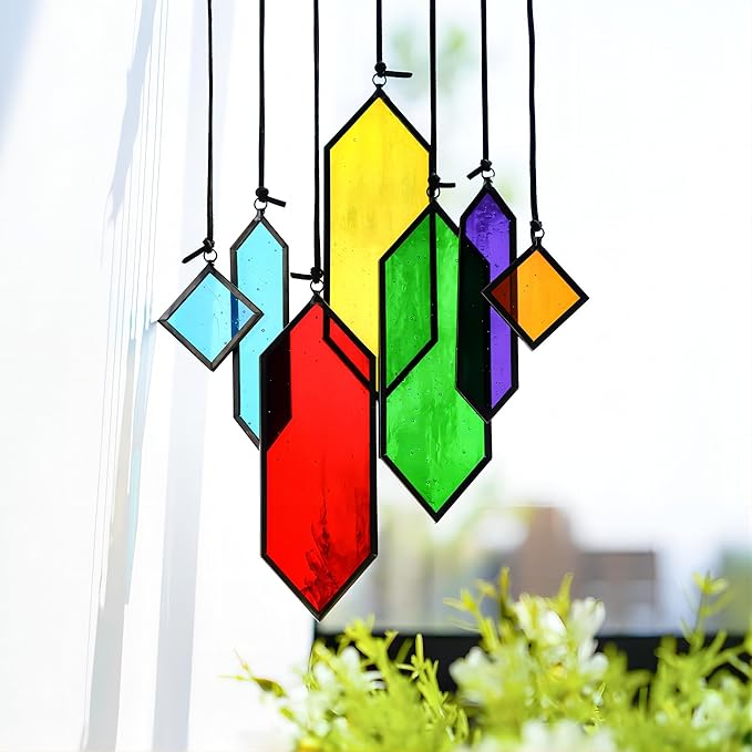 HDCRYSTALGIFTS Set 7 Sun Catchers Stained Glass Decor Gift,Stained Glass Window Hanging Suncatchers with Hooks Rainbow Maker Home Garden Glass Ornaments for Christmas Tree