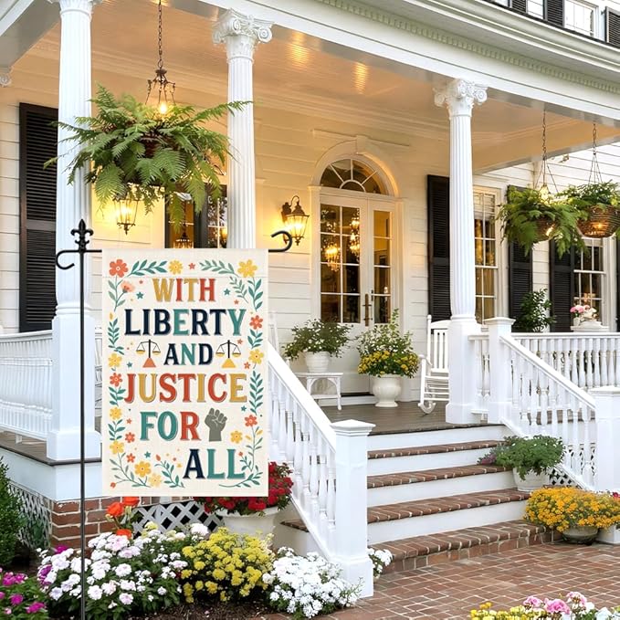 With Liberty and Justice for All Garden Flag, 12 x 18 Inch Double Sided Flora Outdoor Patio Yard Decor, Housewarming Gifts for New Homeowner, Political Gifts for Social Justice Supporter