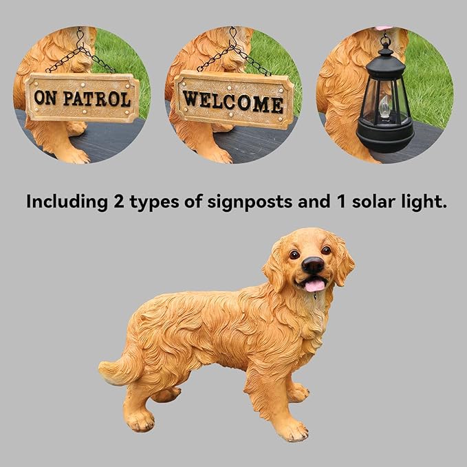 Golden Retriever Garden Statue with Solar Lantern & Double-Sided Welcome Sign, Lifelike Dog Figurine Outdoor Yard Decor, Puppy Sculpture Patio Lawn Ornament Pet Memorial Gift