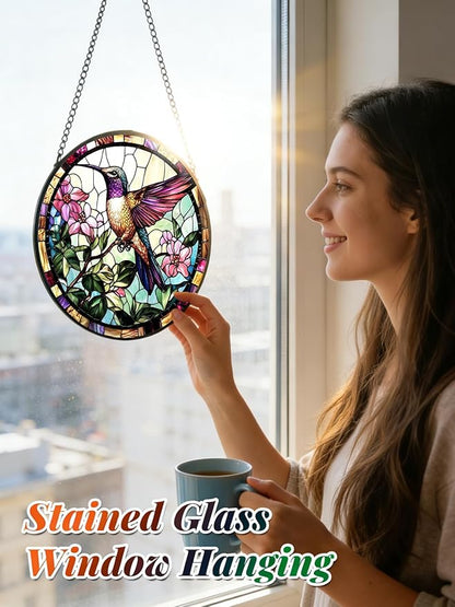 Stained Glass Window Hanging, Hummingbird Suncatcher for Door Home Decor, Birds Flowers Sun Catcher Ornament Mother's Day Birthday Gifts for Bird Lovers Women Men Mom 7.8 in