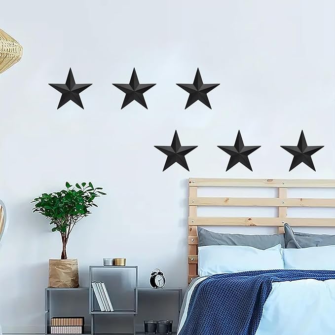 VIVICOMFY 6" 6pieces Per Set Black Metal Barn Star Wall Decor,Texas Stars Art,Metal Stars Rustic Vintage Western Country Farmhouse Home Indoor or Outdoor Decoration