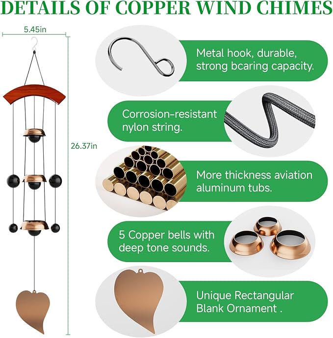 26'' Bell Wind Chimes for Outside Clearance, Temple Windchimes Outdoors w/3 Copper Bells, Memorial Wind Chime Gifts for Mom Grandma Neighbors, Feng Shui Wind Bell for Home Garden Patio Porch Zen Decor