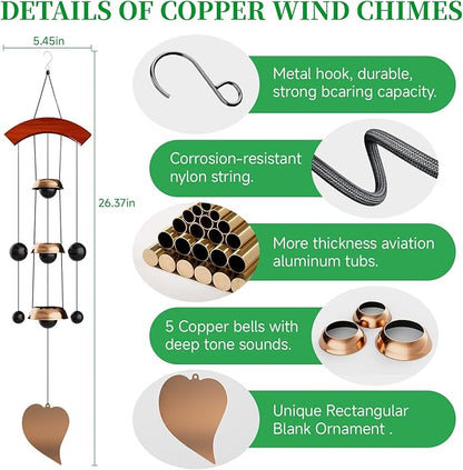 26'' Bell Wind Chimes for Outside Clearance, Temple Windchimes Outdoors w/3 Copper Bells, Memorial Wind Chime Gifts for Mom Grandma Neighbors, Feng Shui Wind Bell for Home Garden Patio Porch Zen Decor