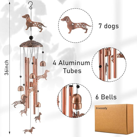 Briwooody Dachshund Dog Wind Chimes Decor for Outside Garden Weiner Dog Gifts for Women 36 Inch Metal Windchimes with 4 Aluminum Tubes Memorial Wind Catcher for Patio Lawn Yard Decor
