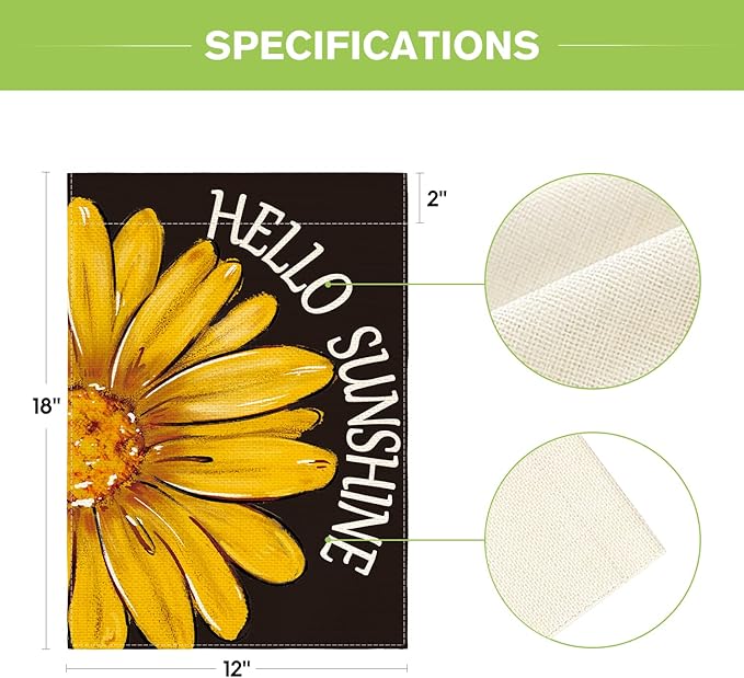 AVOIN colorlife Hello Sunshine Garden Flag 12x18 Inch Double Sided Outside, Summer Spring Floral Yellow Daisy Yard Outdoor Flag Black