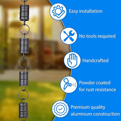 RainChains Pacific Tri-Stripe Rain Chain 8.5ft Black Aluminum Rain Chains for Gutters Decorative Gutter Chain Downspout.