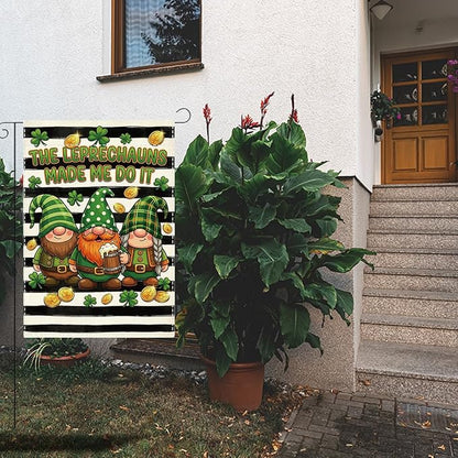 St Patricks Day Gnome Garden Flag The Leprechauns Made Me Do It Shamrock Irish March Black and White Stripes Garden Flag St Patricks Day Double Sided House Flag for Outside Yard Decorations 12×18 Inch