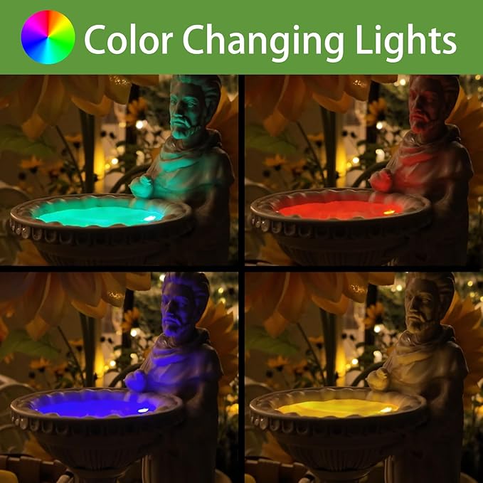 St Francis Garden Statue Outdoor Solar Garden Decor Resin 10.5 Inch Tall Colorful Lights St Francis Statue with Bird Bath Feeder for Yard Patio Lawn Decoration Religious Gardening Gifts