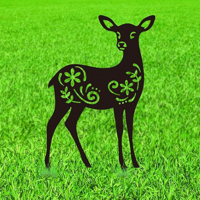 WADORN Deer Metal Outdoor Statues Silhouette, Reindeer Metal Decorative Garden Stakes Funny Animal Flower Silhouette Outdoor Stakes Decor for Garden Hugger Backyard Patio Lawn Art Outdoor Decor