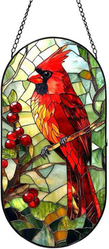 Stained Glass Window Hanging, Red Parrot Birds Sun Catcher for Wall Nursery Window Door Garden Party Holiday Kitchen Living Room Office Decoration, Gifts for Women, Daughter, Day Birthday
