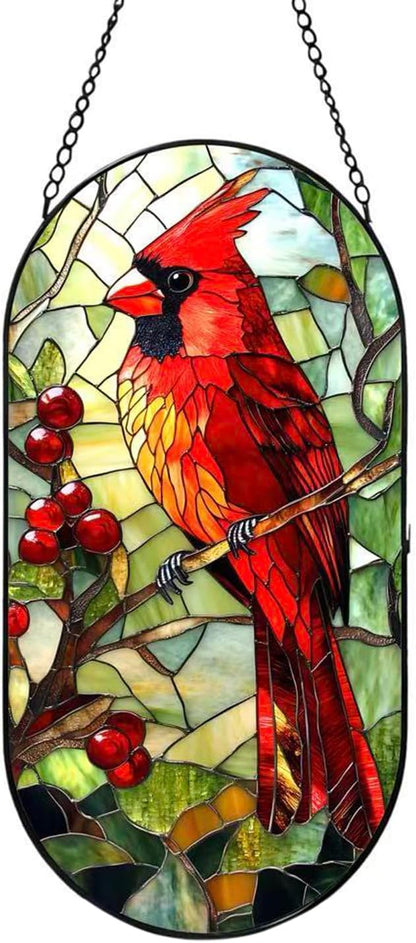 Stained Glass Window Hanging, Red Parrot Birds Sun Catcher for Wall Nursery Window Door Garden Party Holiday Kitchen Living Room Office Decoration, Gifts for Women, Daughter, Day Birthday