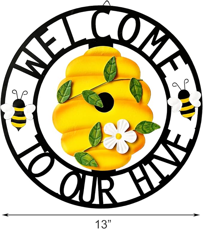 Front Door Wreath - Metal Welcome Sign for Front Door - Outdoor Hanging Bee Hive Hanger - Decorative Door Wreath for Home Entryway - Weather-Resistant Metal Design for Year-Round Use 13''H