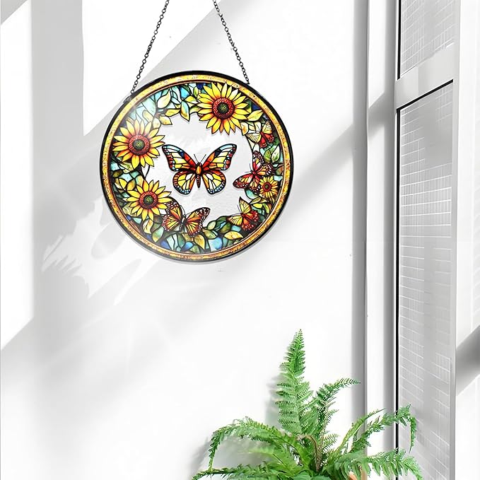 Bimkole Sunflower Stained Glass Suncatcher Window Hanging - Butterfly Design for Indoor Window or Doorway Decoration - 7.87x7.87 inch with Chain and Hook - Unique Home Decor Gift