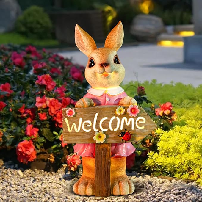 22" Solar Large Rabbit Statue Garden Decor Resin Standing Bunny Statue with Welcome Sign Outdoor Easter Decor for Porch Patio Lawn Yard Gardening Housewarming Gifts, Pink Rabbit