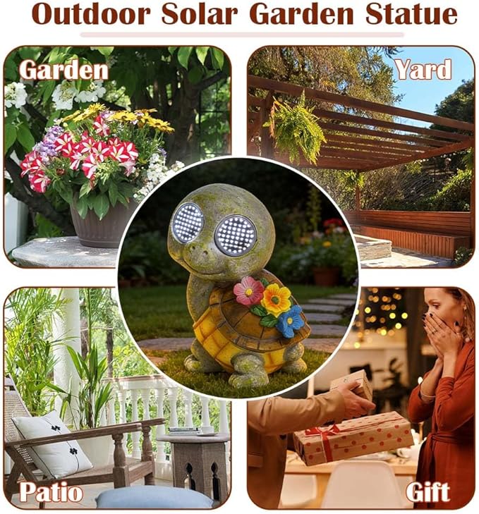 Solar Garden Statue with LED Lights, Dynamic Blinking Lights and Flowers, Outdoor Garden Figurine for Patio Porch Lawn Backyard Decor, Housewarming Gifts for Women (Turtle)