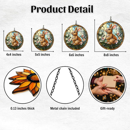 Earthy Tiffany Bunny Floral Art Acrylic Suncatcher Stained Glass Effect Window Car Hanging Christmas Ornament Indoor Outdoor Decor Garden Sun Catcher Panel for Easter Lover for Women Mom Grandma